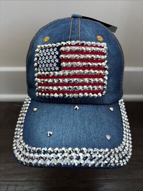 American Flag Rhinestone studded cap/hat,blue jean cotton,Velcro back,patriotic